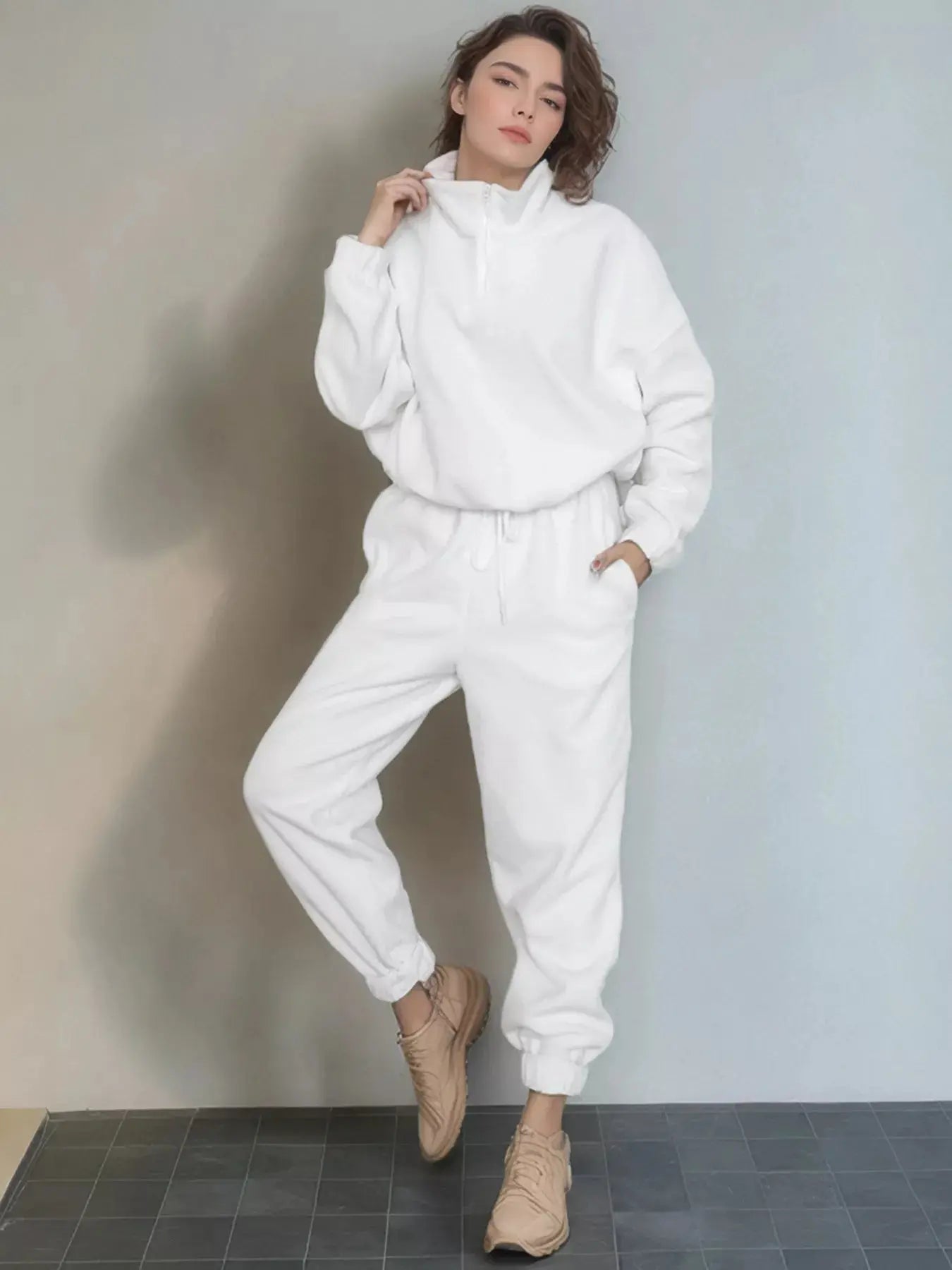 White Fleece Quarter Zip Sweatshirt And Pants Set Two Piece Loungewear Simply Love