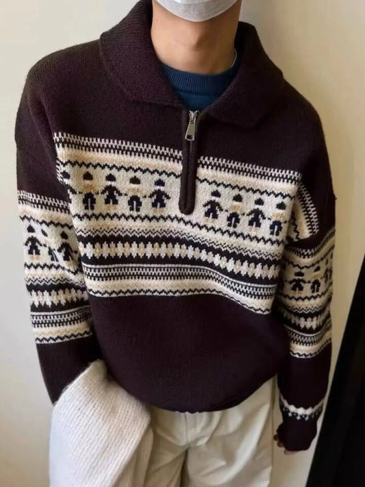 Men's Retro Pattern Zip Front Knitted Sweater Simply Love