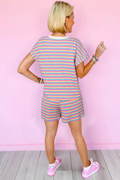 Chic pink striped tee and tassel shorts set for summer lounging