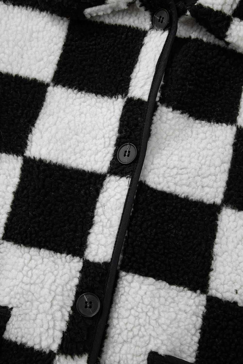 Black Checkered Side Pockets Collared Buttoned Fleece Jacket - Love Salve 