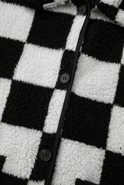 Black Checkered Side Pockets Collared Buttoned Fleece Jacket