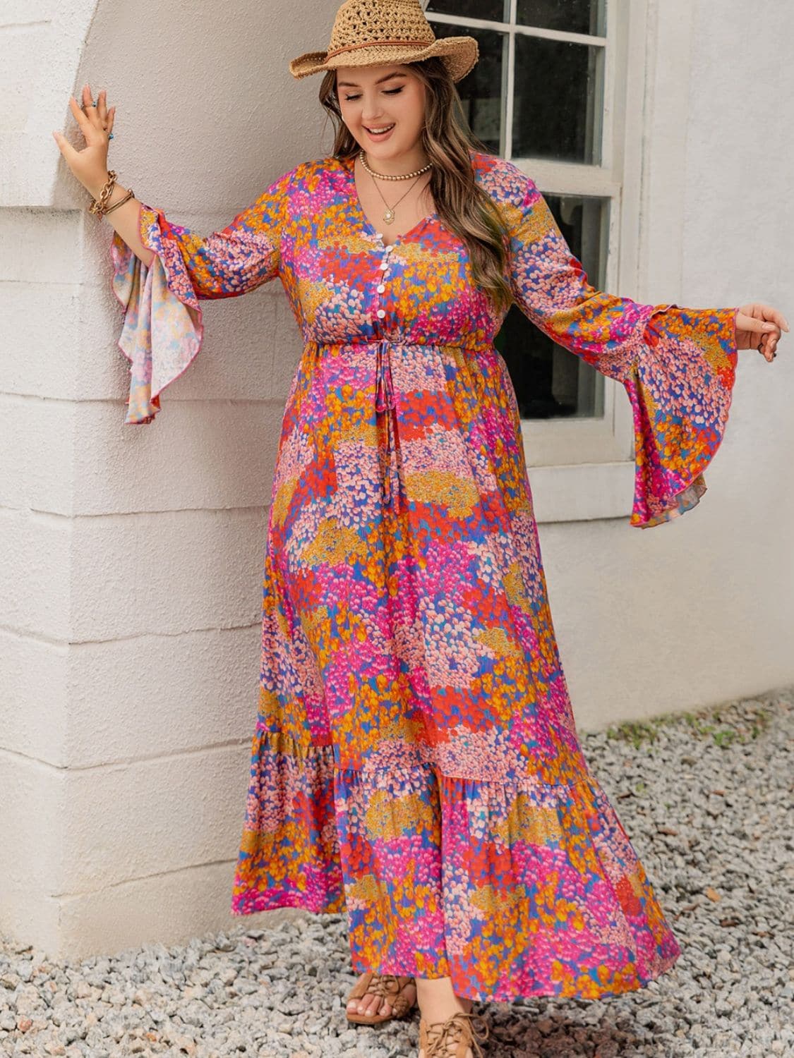 Plus Size Printed V-Neck Long Sleeve Maxi Dress.