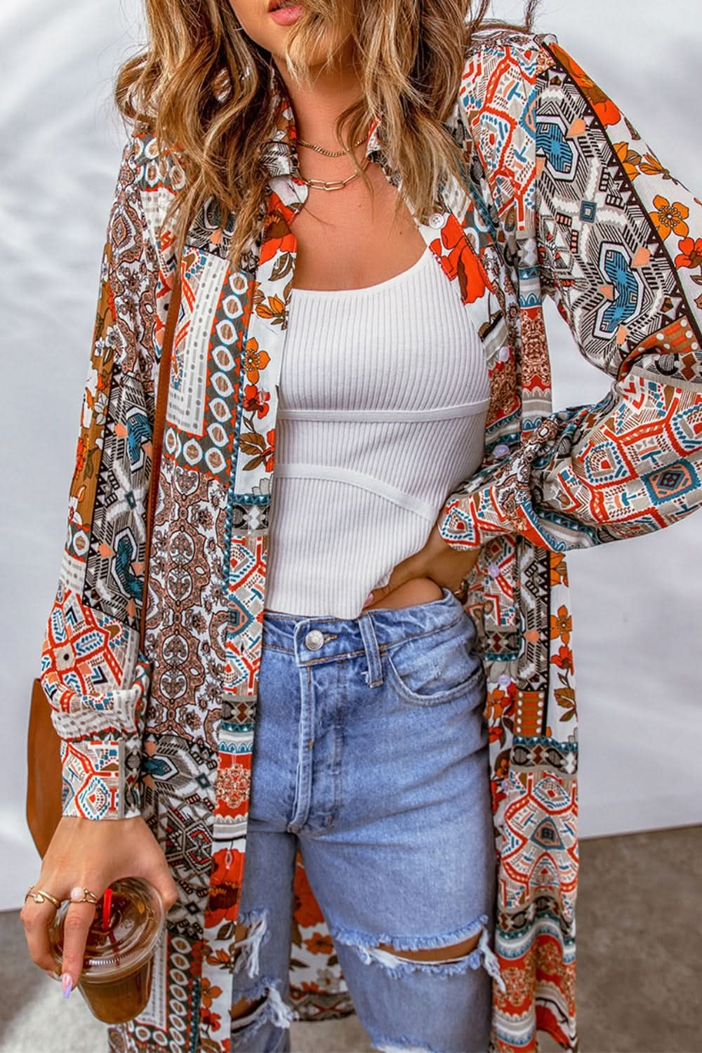 Printed Button Up Long Sleeve Cardigan