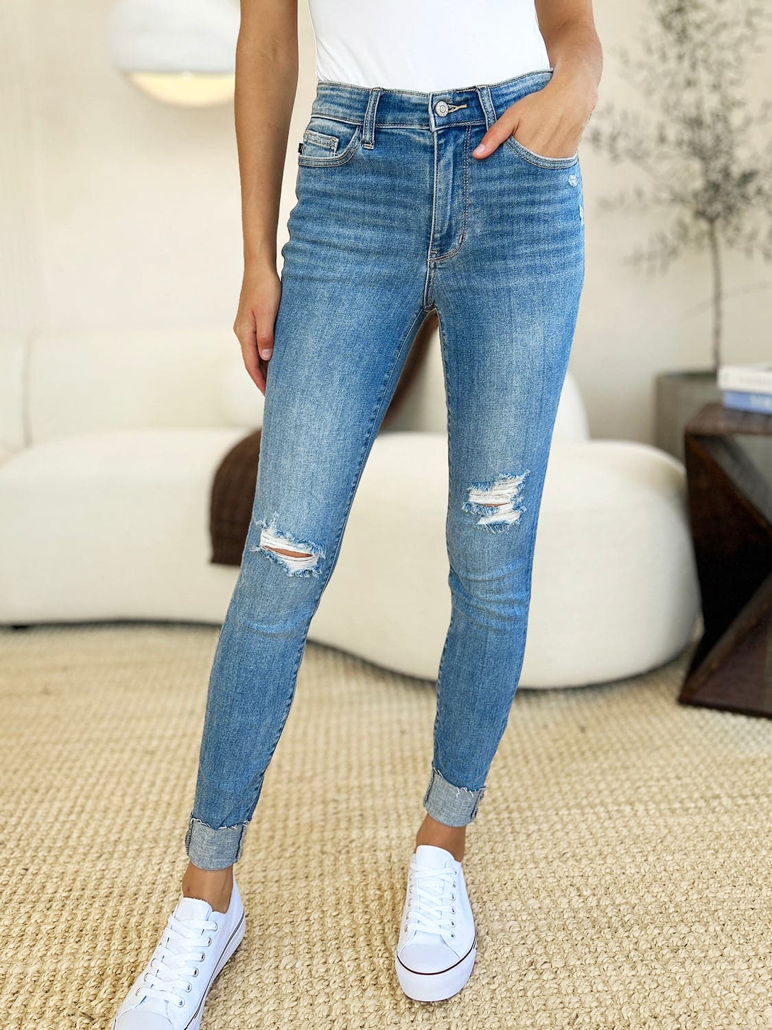 Judy Blue Full Size Mid Rise Destroy & Cuff Skinny Jeans.