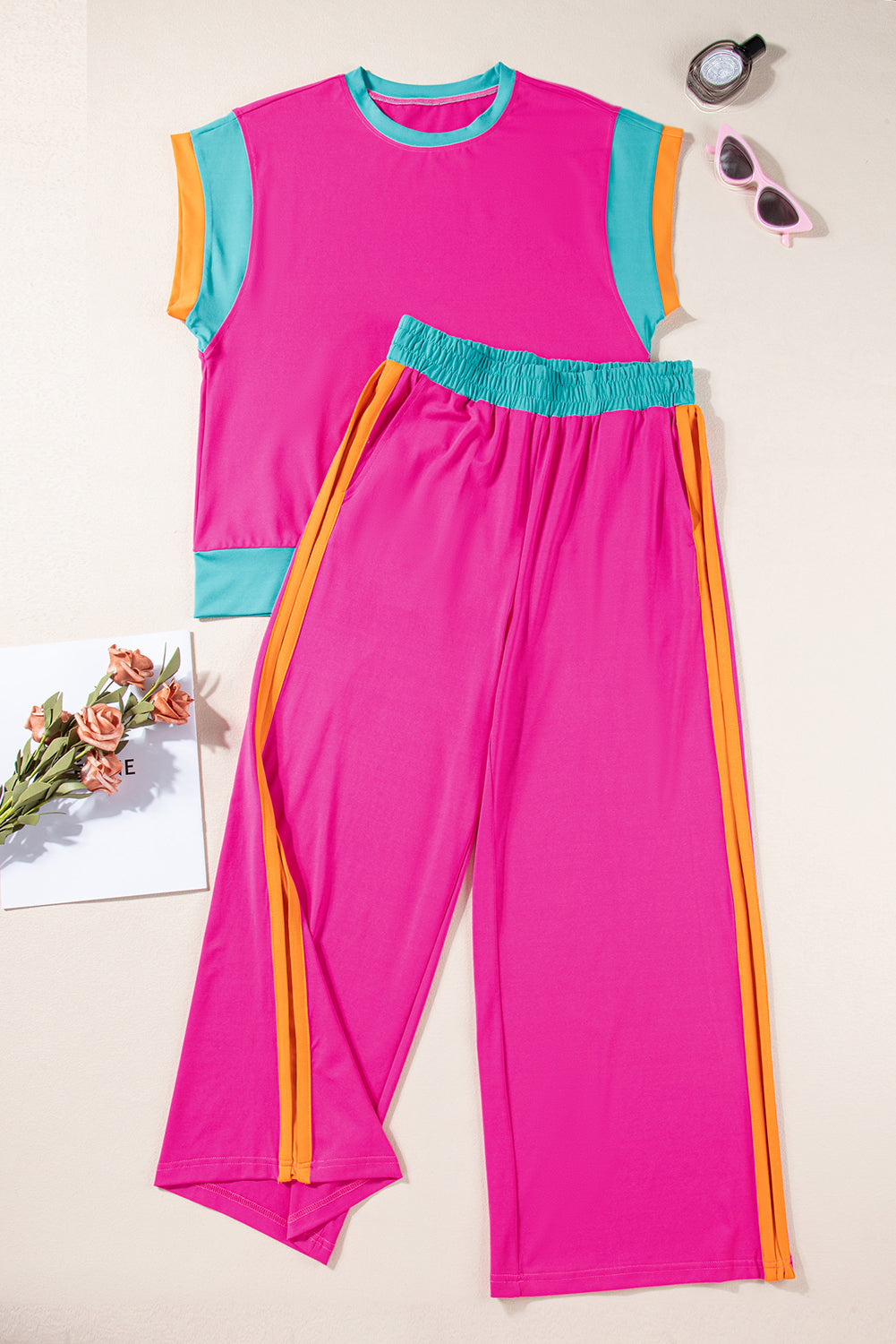 Striking strawberry pink color block casual two-piece ensemble