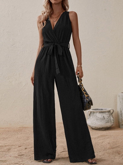 Tied Surplice Sleeveless Wide Leg Jumpsuit.