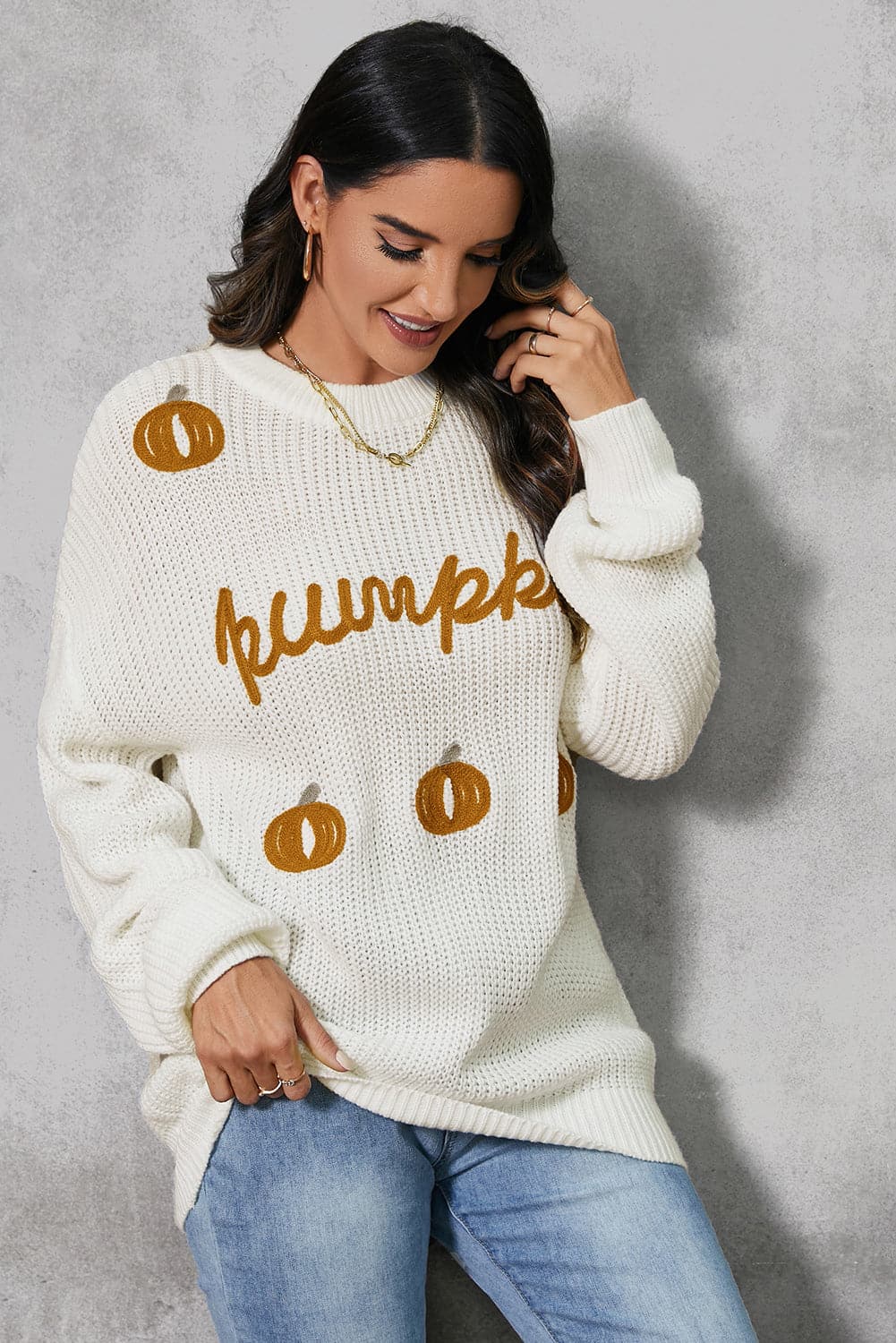 Pumpkin Embroidery Long Sleeve Sweater.