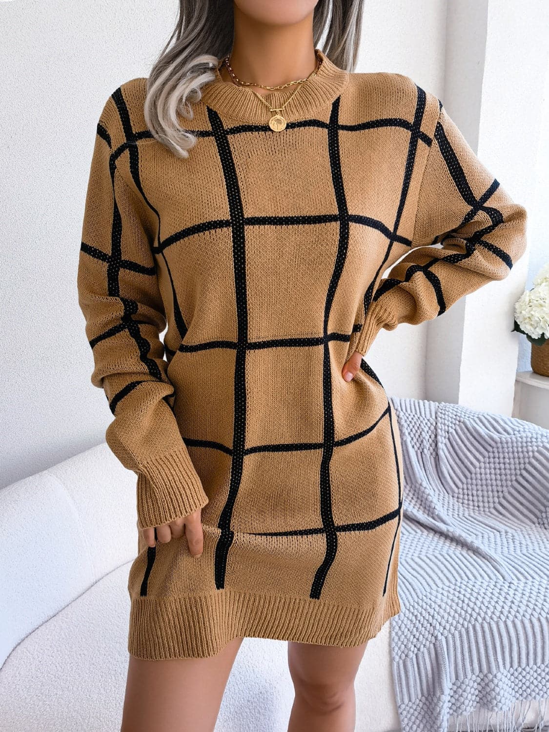 Plaid Round Neck Dropped Shoulder Sweater Dress.