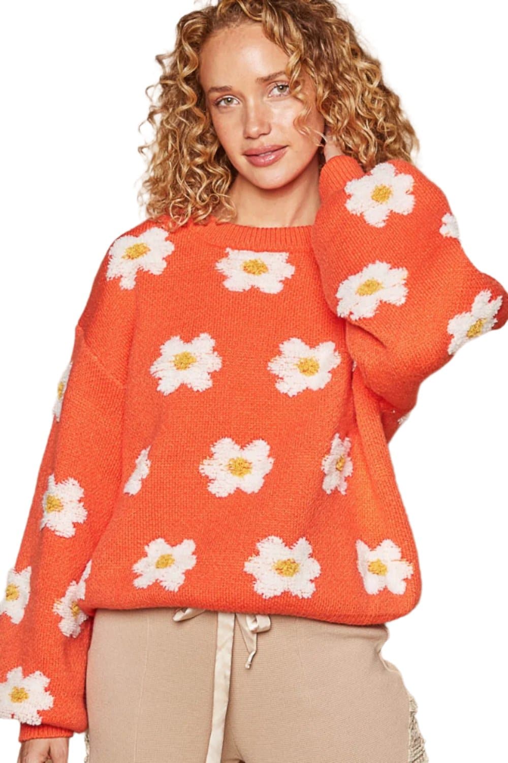 POL Daisy Pattern Drop Shoulder Sweater