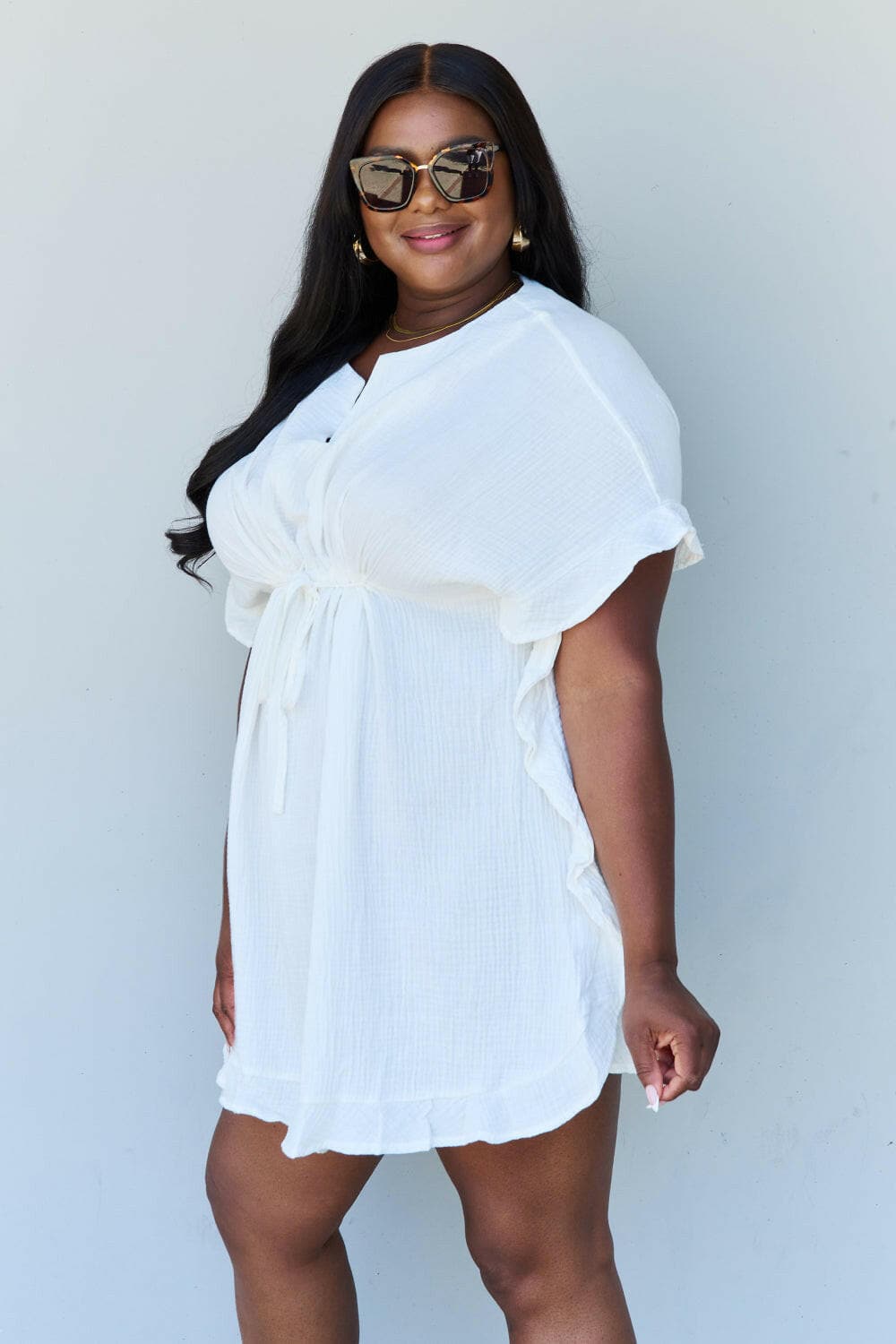 Ninexis Out Of Time Full Size Ruffle Hem Dress with Drawstring WaistbaNinexis Out Of Time Full Size Ruffle Hem Dress with Drawstring Waistband in White
 Step into timeless elegance with the Ninexis Out Of Time Full Size Ruffle Hem DresLove Salve Time Full Size Ruffle Hem DressTIKTOK