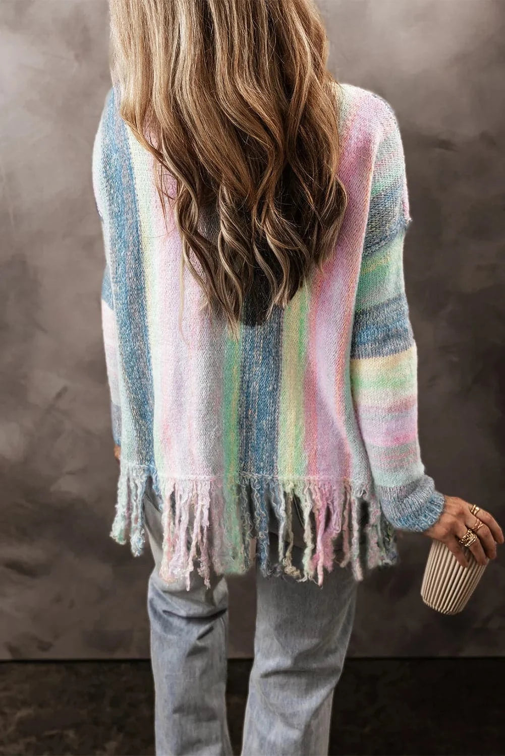 Fringe Color Block Round Neck Sweater.