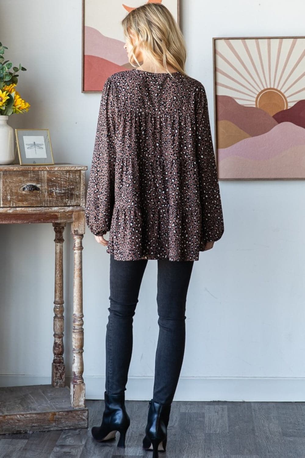 Leopard print long sleeve tiered blouse for a chic look