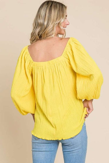 Culture Code Texture Square Neck Puff Sleeve Top.