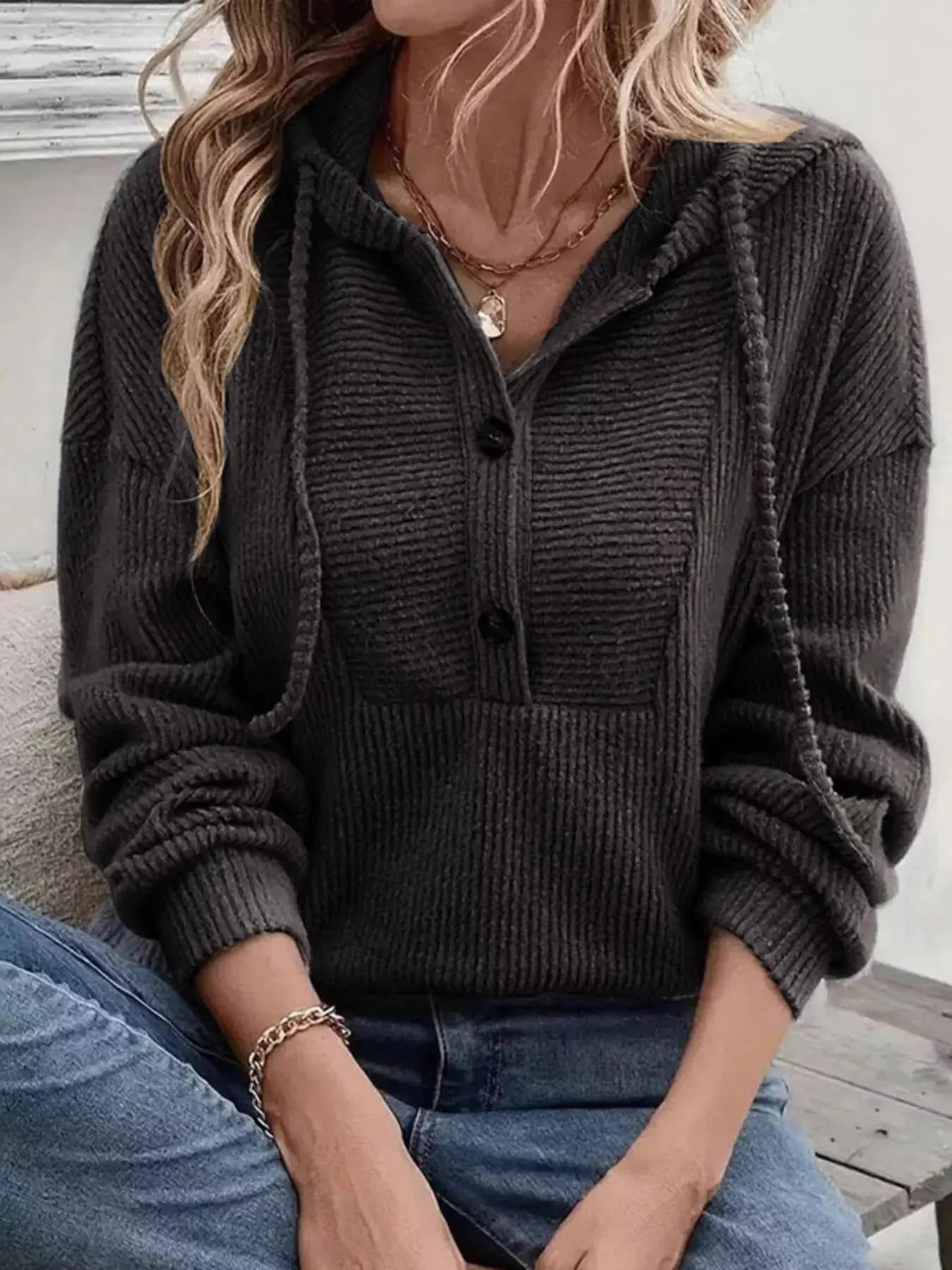 Button-Front Drawstring Hoodie Simply Love