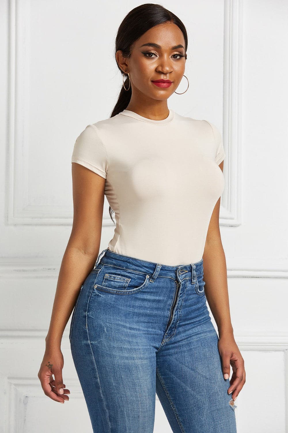 Round Neck Short Sleeve Bodysuit.