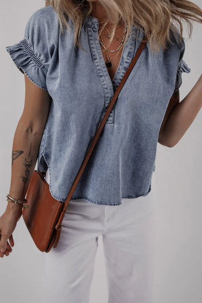 V Neck Ruffled Short Puff Sleeve Denim Top