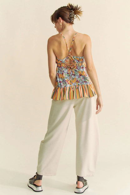 Davi & Dani Floral Smocked Sleeveless Ruffle Back Tie Top - Love Salve 