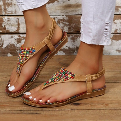 Beaded PU Leather Open Toe Sandals - Love Salve