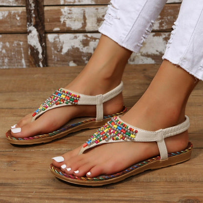 Beaded PU Leather Open Toe Sandals - Love Salve