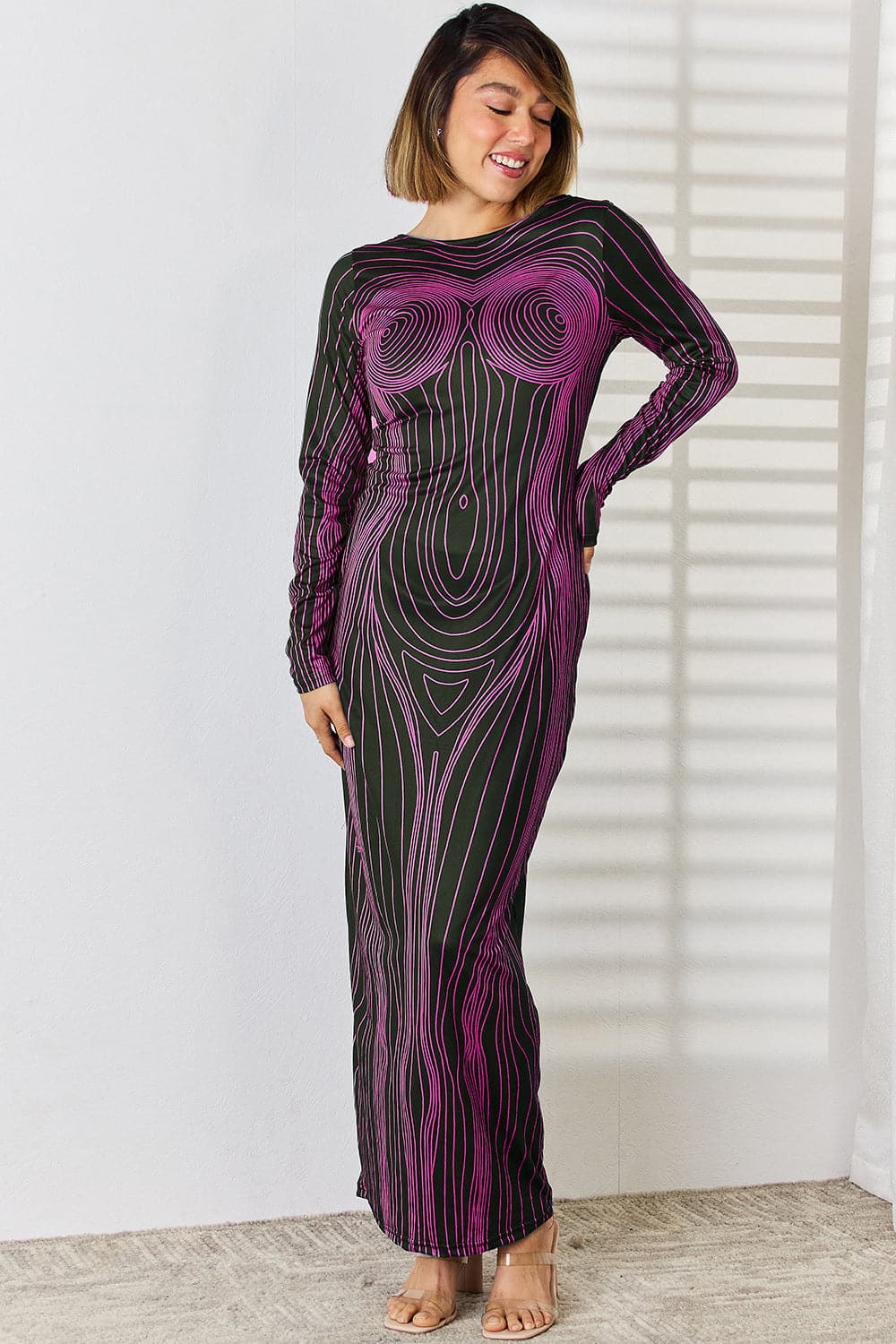 Cutout Round Neck Long Sleeve Maxi Dress.