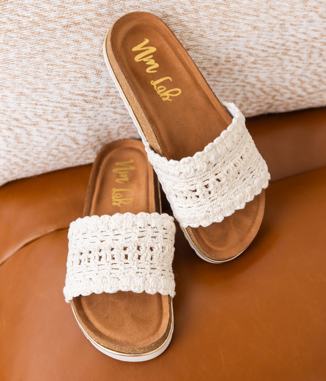 Beatty White Crochet Sandals With Cork Sole Gold Accent Naughty Monkey