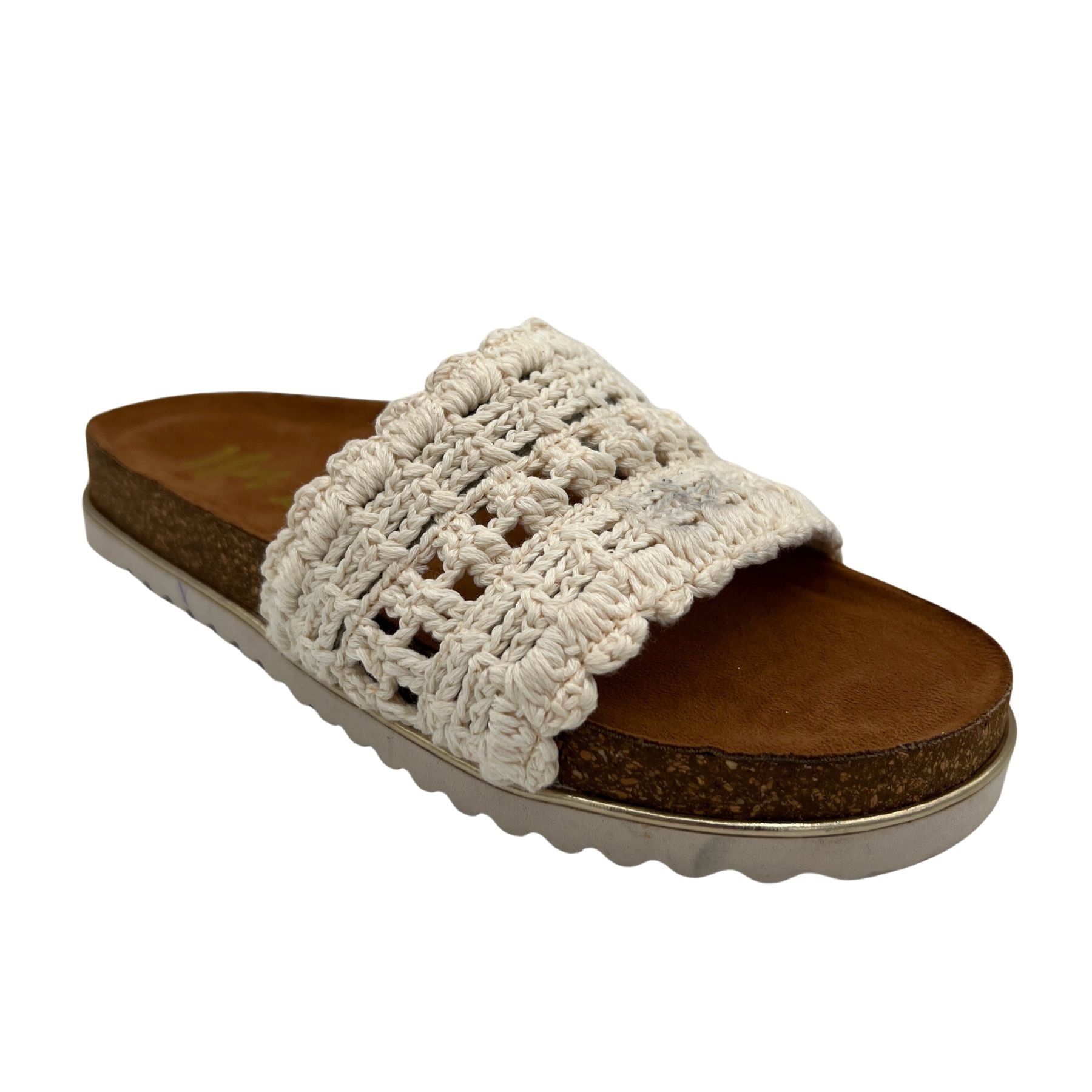 Beatty White Crochet Sandals With Cork Sole Gold Accent Naughty Monkey