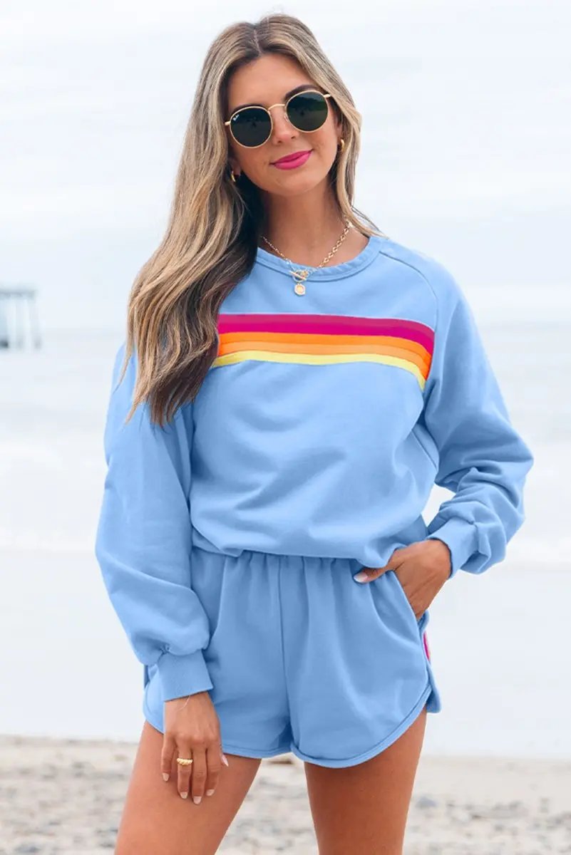 Beau Blue Accent Pullover and Shorts Two Piece Casual Set - Love Salve 