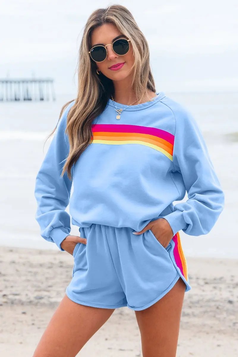 Beau Blue Accent Pullover and Shorts Two Piece Casual Set - Love Salve 
