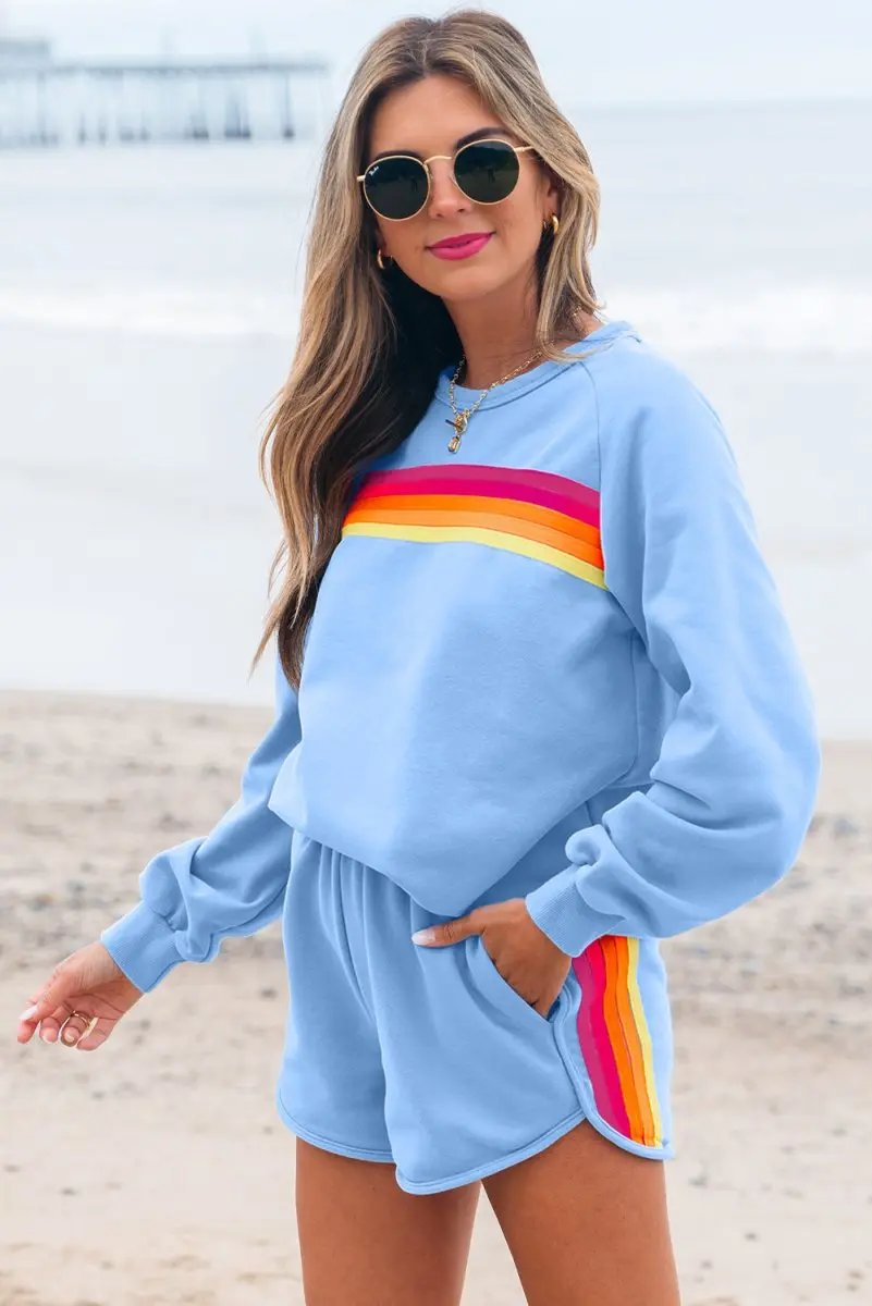 Beau Blue Accent Pullover and Shorts Two Piece Casual Set - Love Salve 