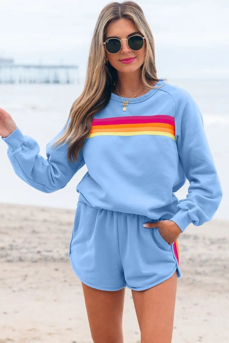 Beau Blue Accent Pullover and Shorts Two Piece Casual Set - Love Salve 