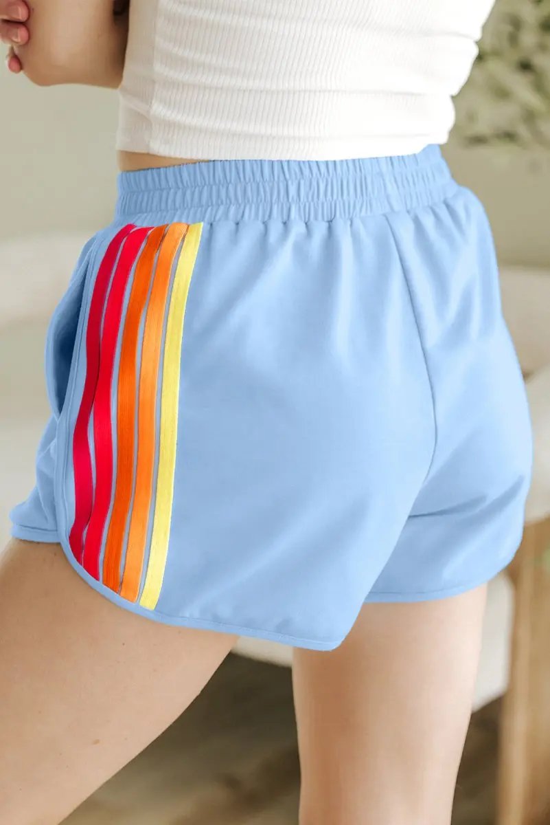 Beau Blue Color Block Stripes Elastic High Waist Active Shorts - Love Salve 