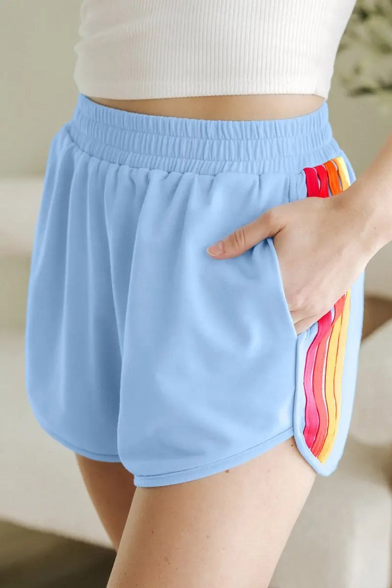 Beau Blue Color Block Stripes Elastic High Waist Active Shorts - Love Salve 