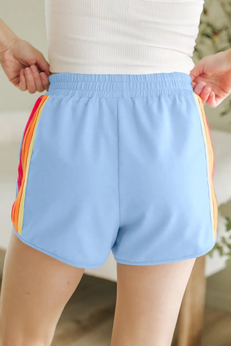 Beau Blue Color Block Stripes Elastic High Waist Active Shorts - Love Salve 
