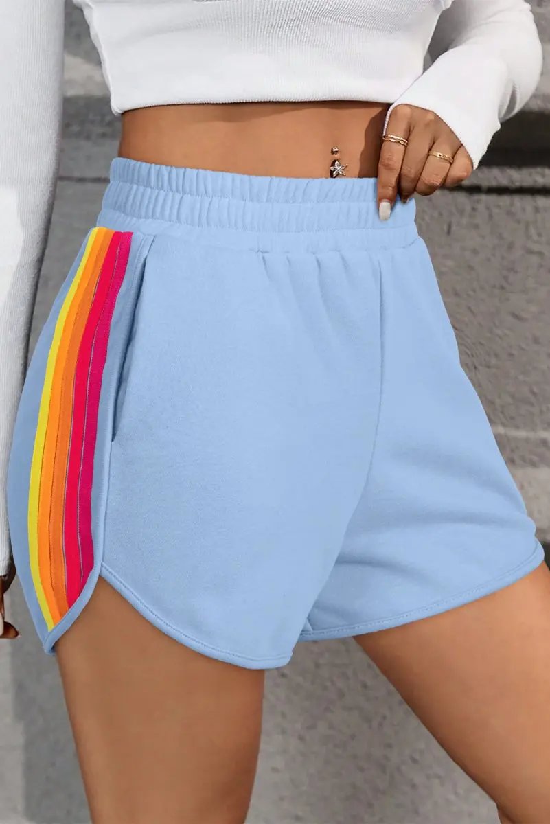 Beau Blue Color Block Stripes Elastic High Waist Active Shorts - Love Salve 