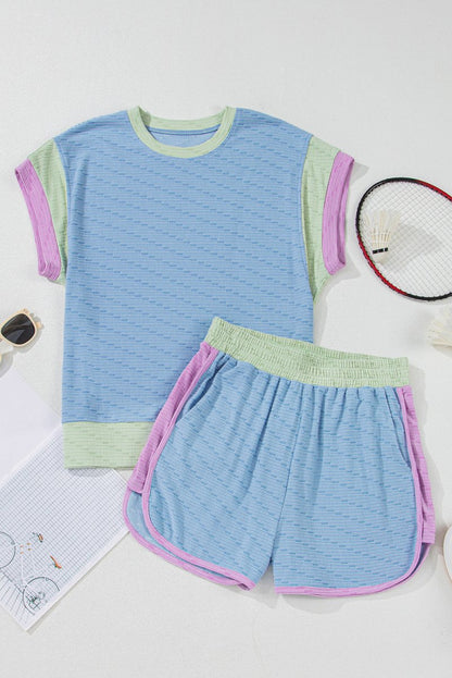 Beau Blue Corded Knit Contrast Trim Round Neck Cap Sleeve 2pcs Short Set - Love Salve 