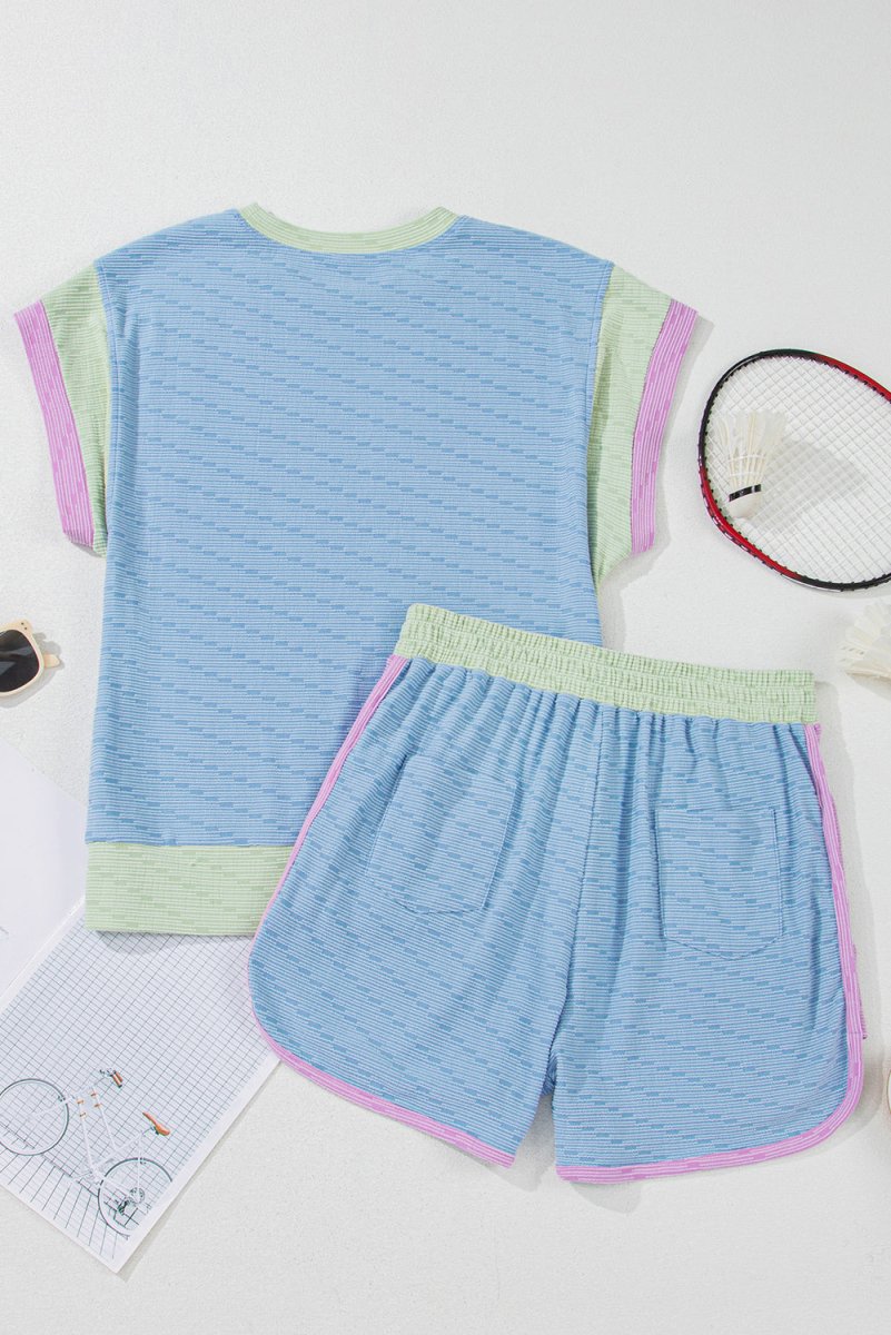 Beau Blue Corded Knit Contrast Trim Round Neck Cap Sleeve 2pcs Short Set - Love Salve 