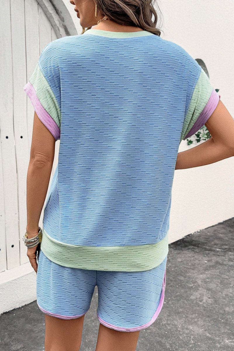 Beau Blue Corded Knit Contrast Trim Round Neck Cap Sleeve 2pcs Short Set - Love Salve 