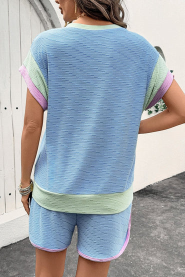 Beau Blue Corded Knit Contrast Trim Round Neck Cap Sleeve 2pcs Short Set - Love Salve