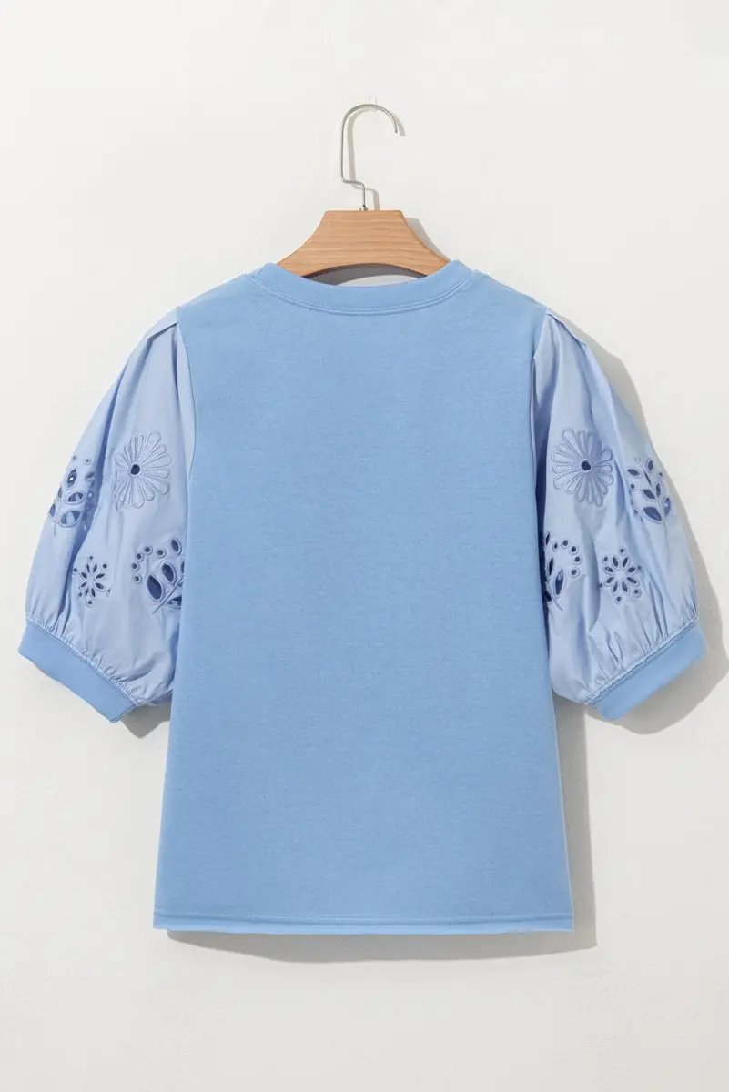 Beau Blue Eyelet Flower Embroidered Puff Short Sleeve Blouse - Love Salve 