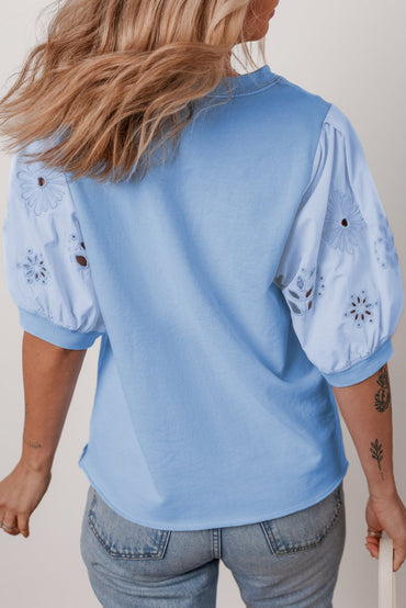 Beau Blue Eyelet Flower Embroidered Puff Short Sleeve Blouse - Love Salve 
