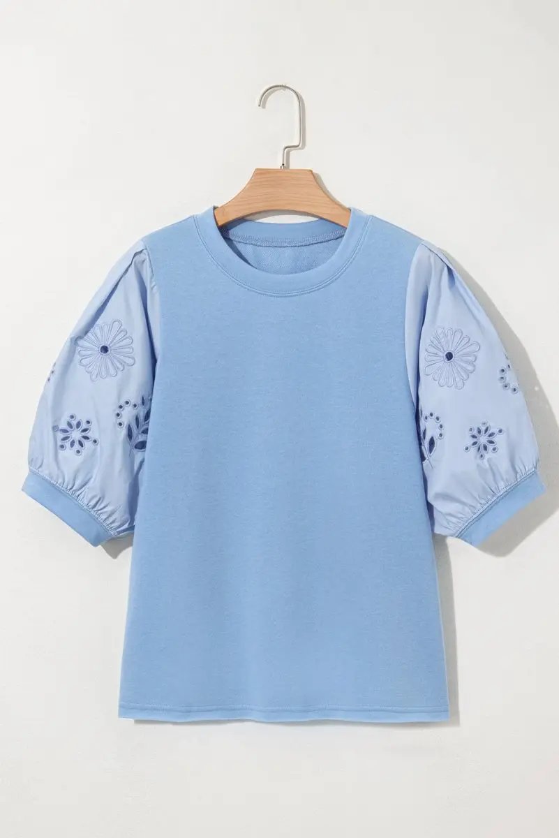 Beau Blue Eyelet Flower Embroidered Puff Short Sleeve Blouse - Love Salve 