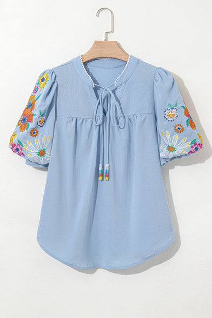 Beau Blue Floral Embroidered Puff Sleeve Split Neck Blouse - Love Salve 