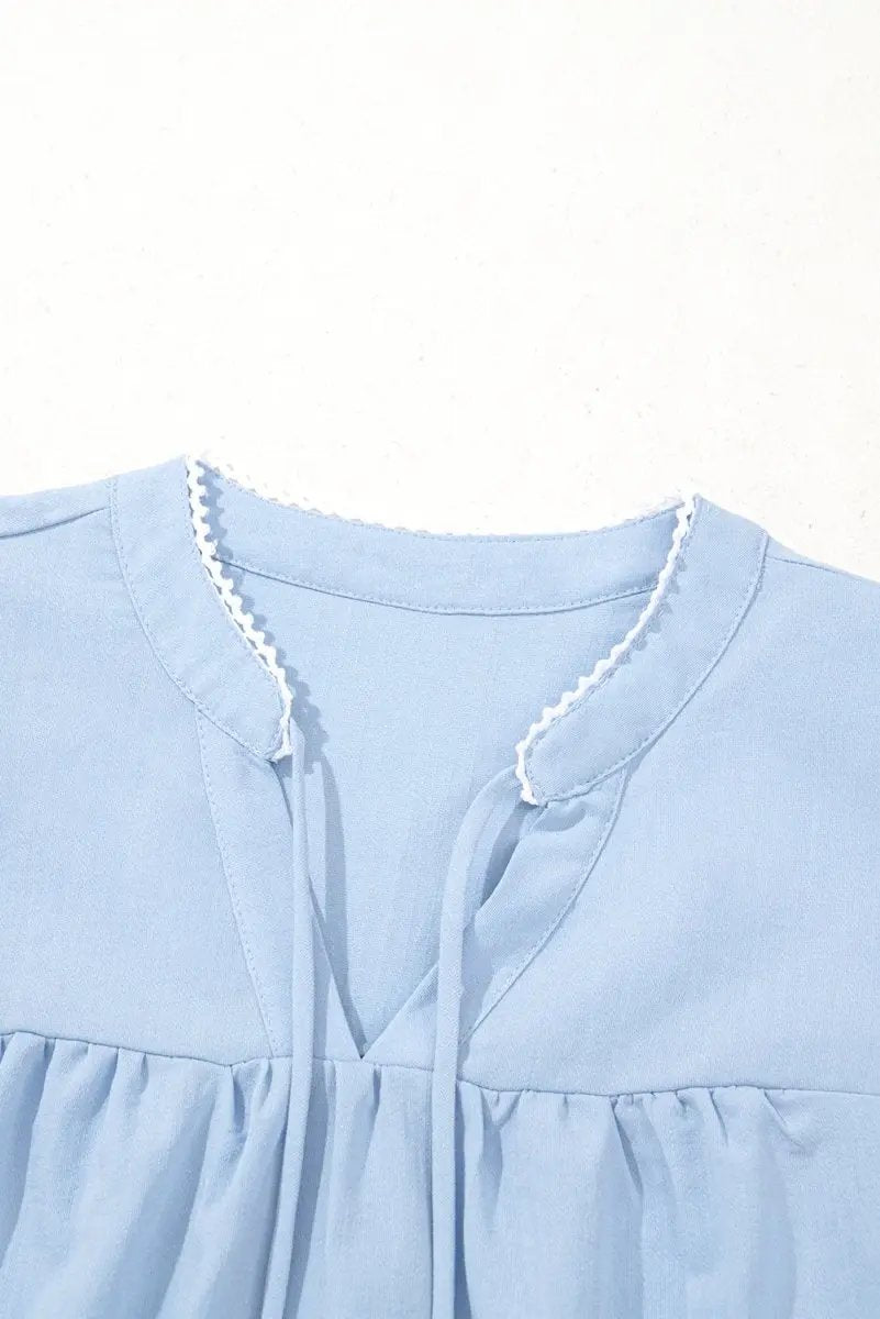 Beau Blue Floral Embroidered Puff Sleeve Split Neck Blouse - Love Salve 