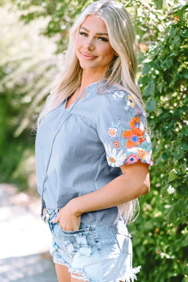 Beau Blue Floral Embroidered Puff Sleeve Split Neck Blouse - Love Salve 