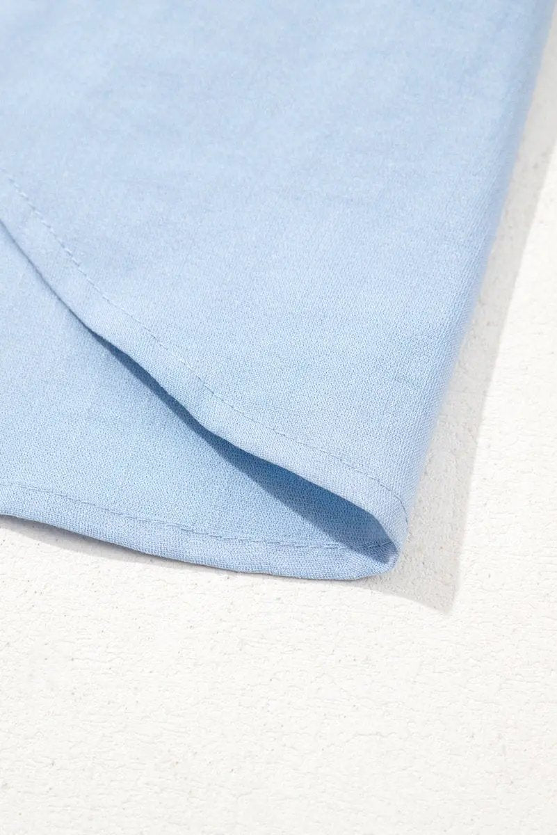 Beau Blue Floral Embroidered Puff Sleeve Split Neck Blouse - Love Salve 