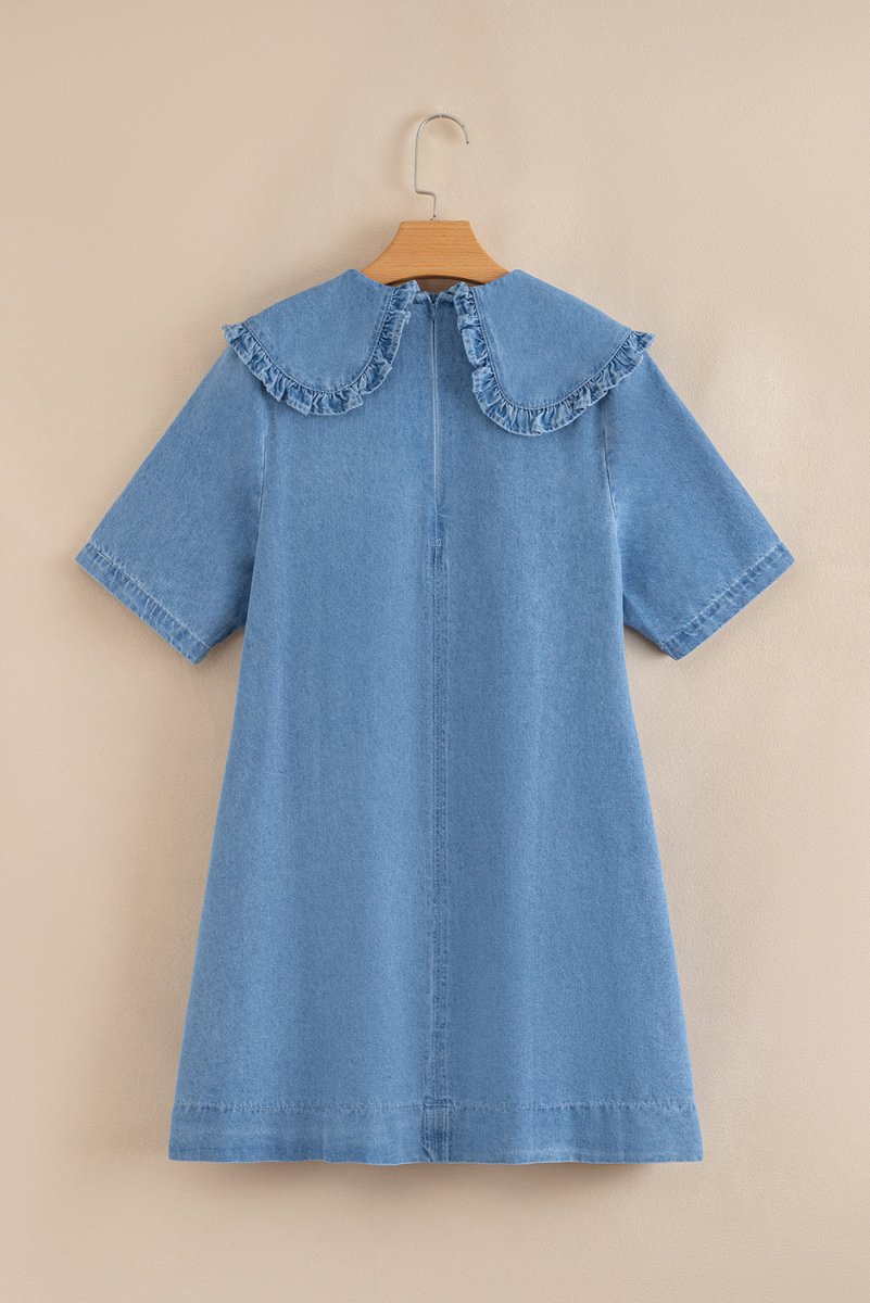 Beau Blue Frilled Peter Pan Collar Loose Denim Dress - Love Salve 