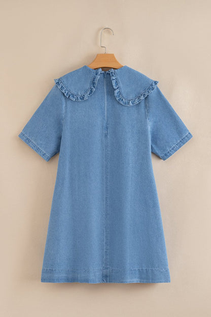 Beau Blue Frilled Peter Pan Collar Loose Denim Dress - Love Salve 