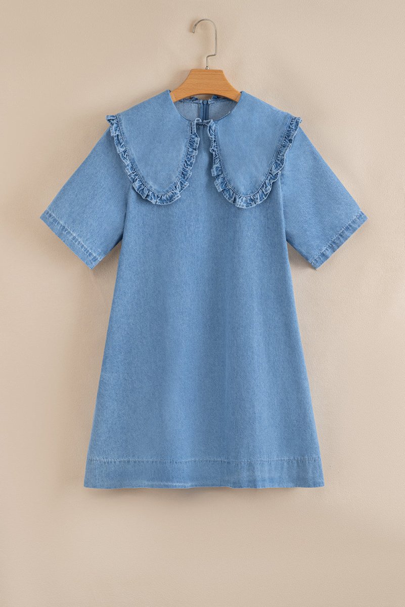 Beau Blue Frilled Peter Pan Collar Loose Denim Dress - Love Salve 