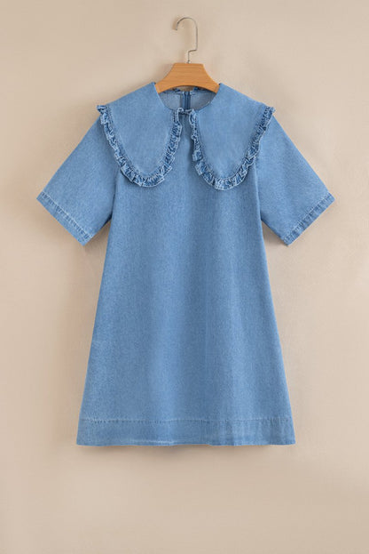 Beau Blue Frilled Peter Pan Collar Loose Denim Dress - Love Salve 