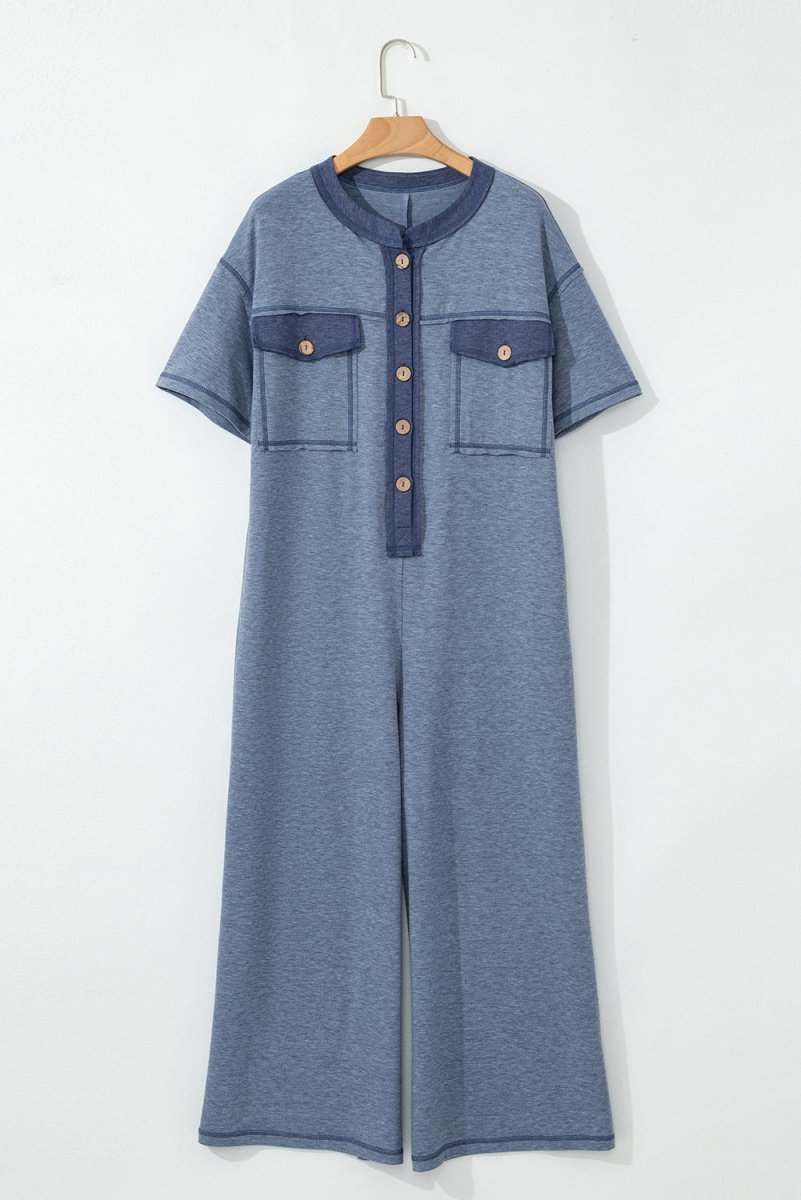 Beau Blue Half Placket Chest Pockets Short Sleeve Jumpsuit - Love Salve 